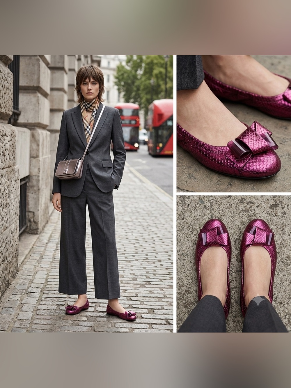 Authentic Burberry Surrey Metallic Fuschia Snakeskin Ballet Flats, Size 37